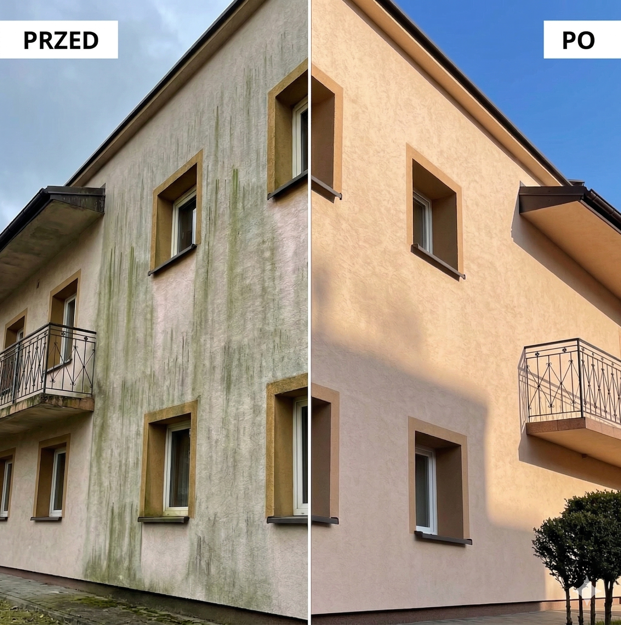 Elewacja i podjazd — porównanie przed i po realizacji DG-BUD